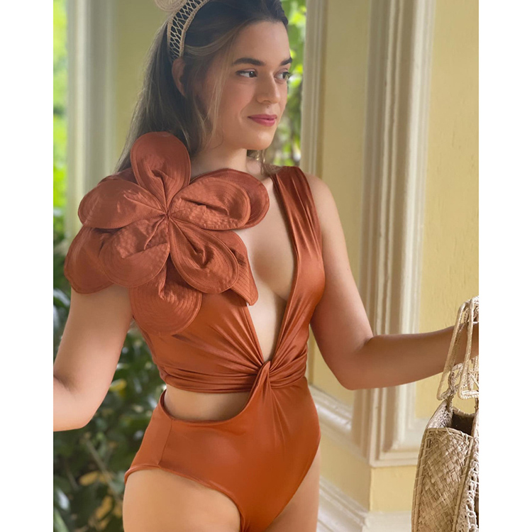 2023 New Tight One Piece Solid Color Large Flower Adult High Waist Swimwear Wholesale