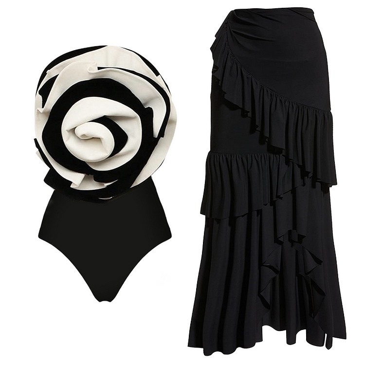 2023 Hot Style Black and White Large Flower Contrasting Color One Piece Swimwear for Women