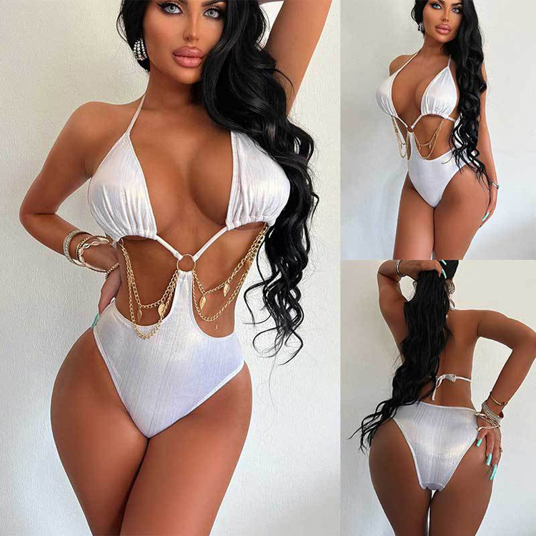2023 Sexy Chain Hollow Backless Halter Neck Strappy One Piece Swimsuit Wholesale