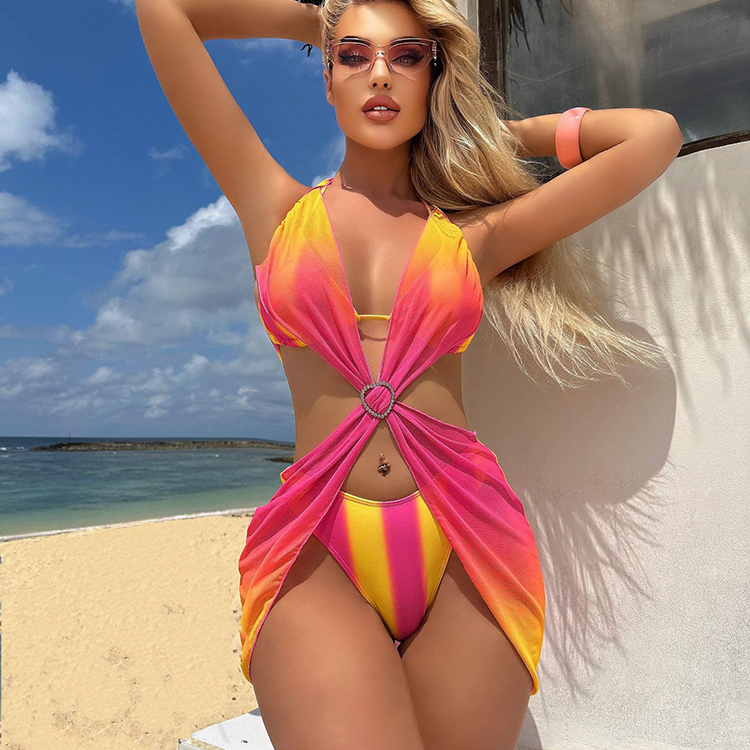 Markdown Sale High Quality Striped Gradient Love Mesh Skirt Three Piece Bikini Swimwear for Women