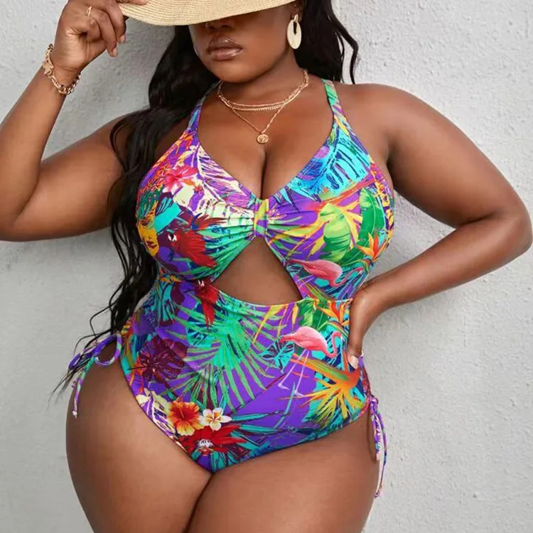 New Large Size Tropical Pattern Hollow Cross Back Strap Drawstring One Piece Swimsuit for Women