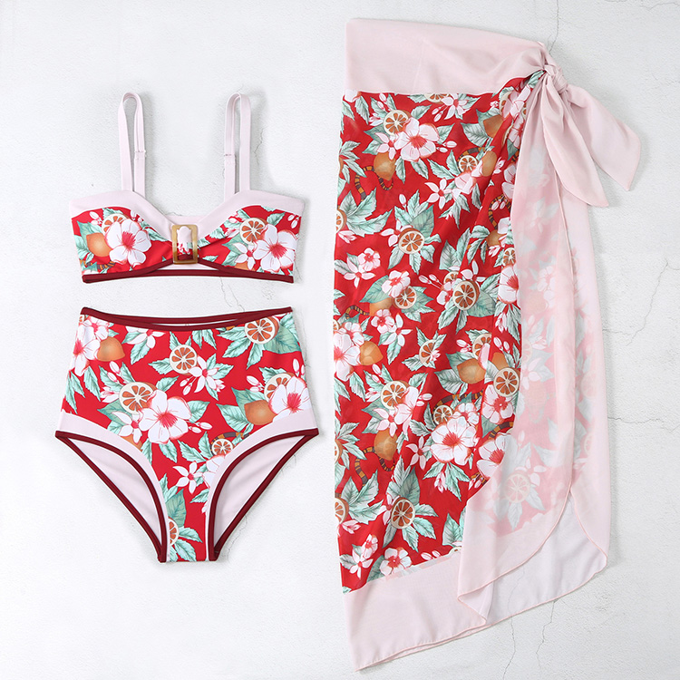2024 New Ins Split High Waist Final Print Retro Tube Top Floral Tube Top Swimwear Swimsuit