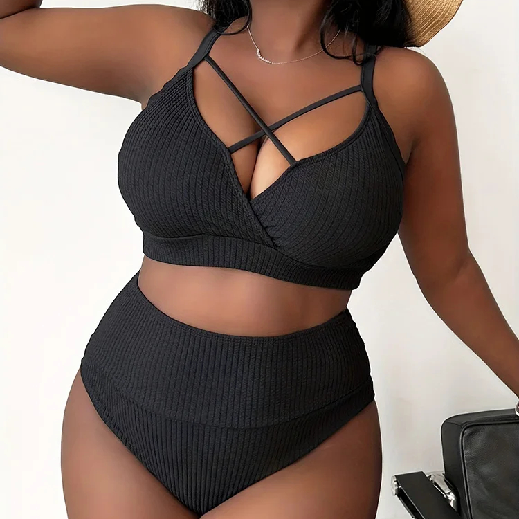 Sexy Solid Color Suspender High Waist Plus Size Two Pieces Bikini Women Swimwear