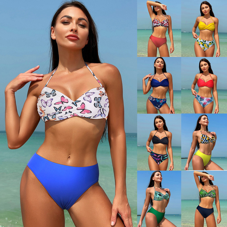 Wholesale New Women Contrasting Color Sexy Ins Floral Print High Waist Bikini Swimwear