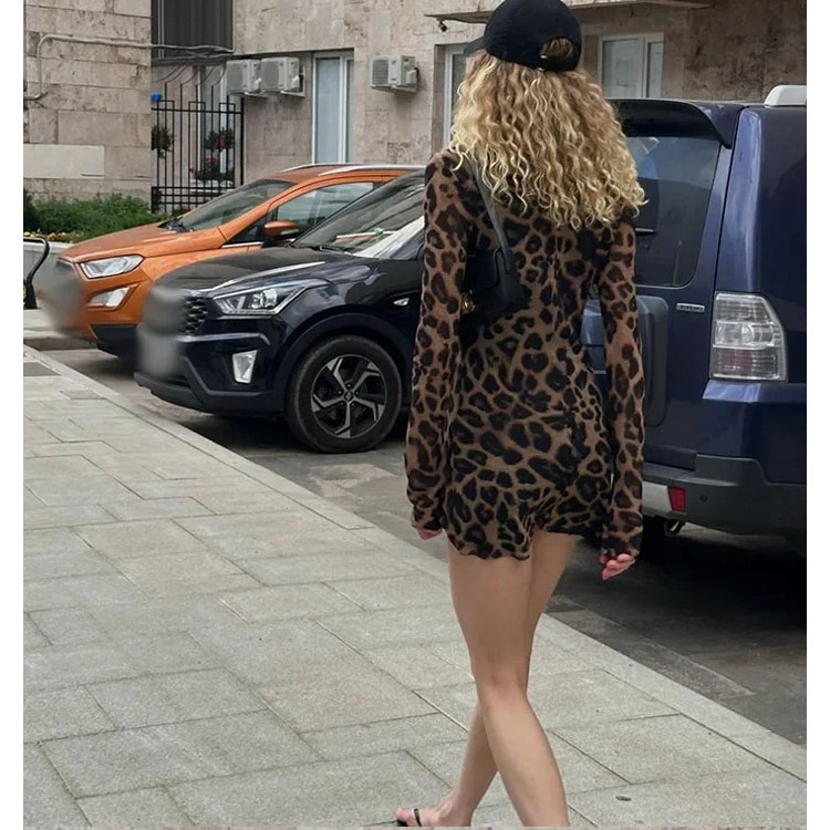 2024 New Europe and the United States Leopard Print Long Sleeve Skinny Dress Women Mini Skirt