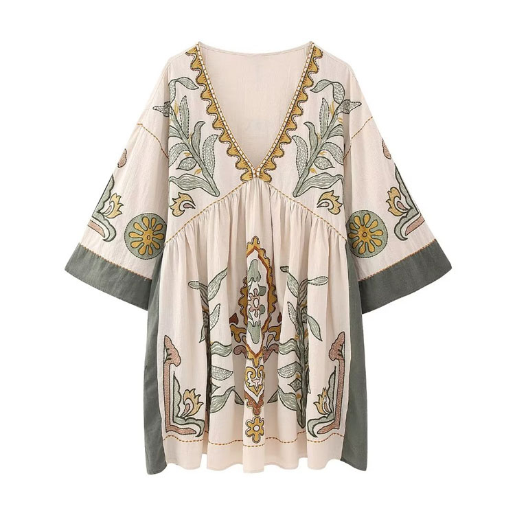 Wholesale 2024 New Summer Floral Embroidery V Neck Half Sleeve Loose Women Casual Midi Dress