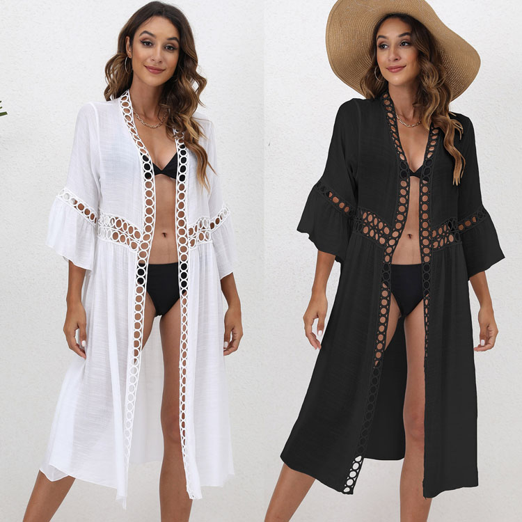 New Loose Seven Split Sleeve Patchwork Bikini Sunscreen Cardigan Lace Kimono Women Beach Cover up