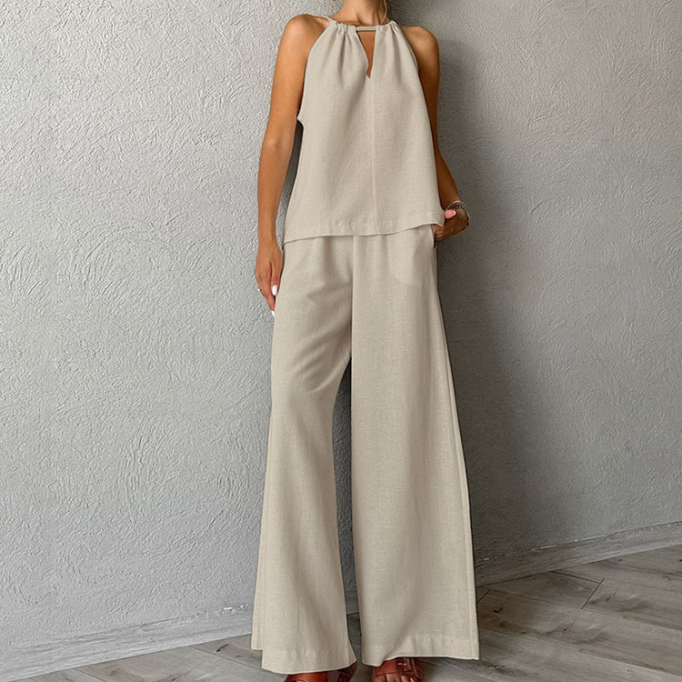 Hot Selling 2024 Fashion New Hollow Tie Sleeveless Vest Wide Leg Pants Set Women Two Piece Set