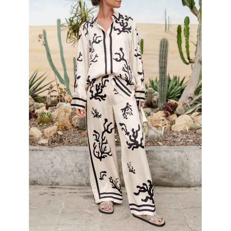 Loose Casual Outfits 2024 New Fashion Long Sleeve Printed Shirts and Pant Women Two Piece Sets