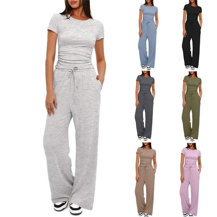 2024 New Fashion Sportswear Short Sleeve Top High Waisted Wide Leg Pants Ladies Two Piece Set