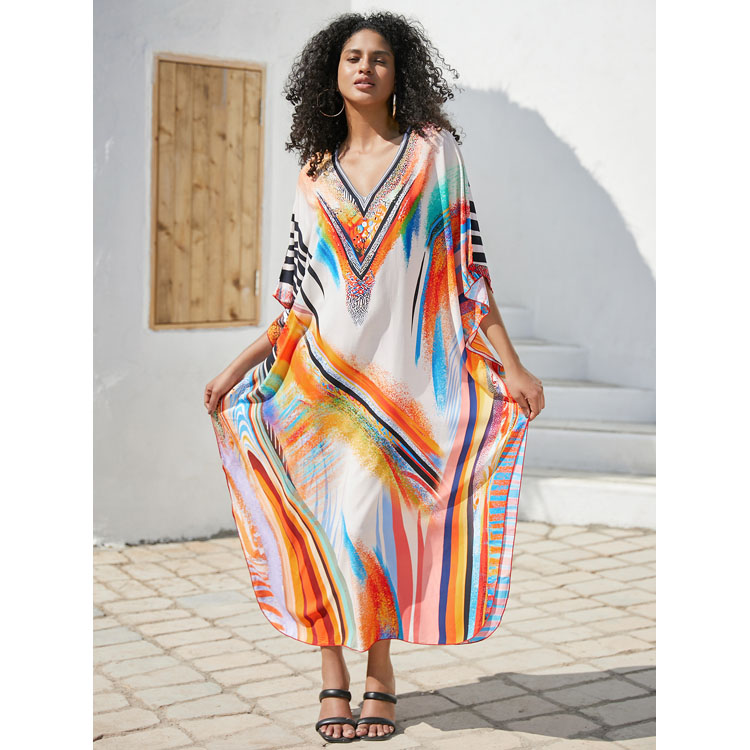 Rayon Position Printed Flowers Cover Ups Oversize Women Holiday Beach Long Dress