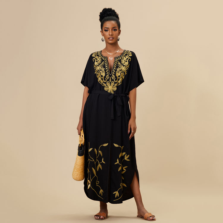 Wholesaler Loose Gold Embroidered Belted Vacation Long Dresses Beach Sexy Cover Ups for Women