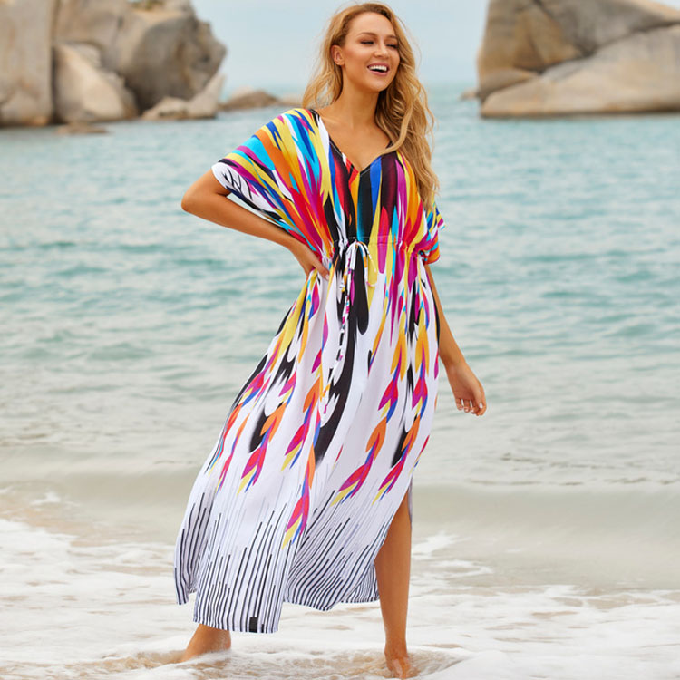 Rainbow Colours Holiday Robe Oversized Women Drawstring Belt Positioning Beach Cover up for Women