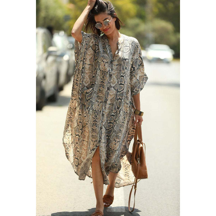 Wholesaler Loose Printed Buttoned Holiday Robe With Pockets Oversize Women Beach Sexy Cover up