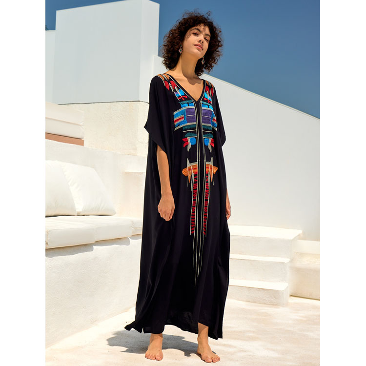 Wholesaler Loose Rayon Embroidery Holiday Long Dress Women Bikini Sun Shirt Beach Sexy Cover up