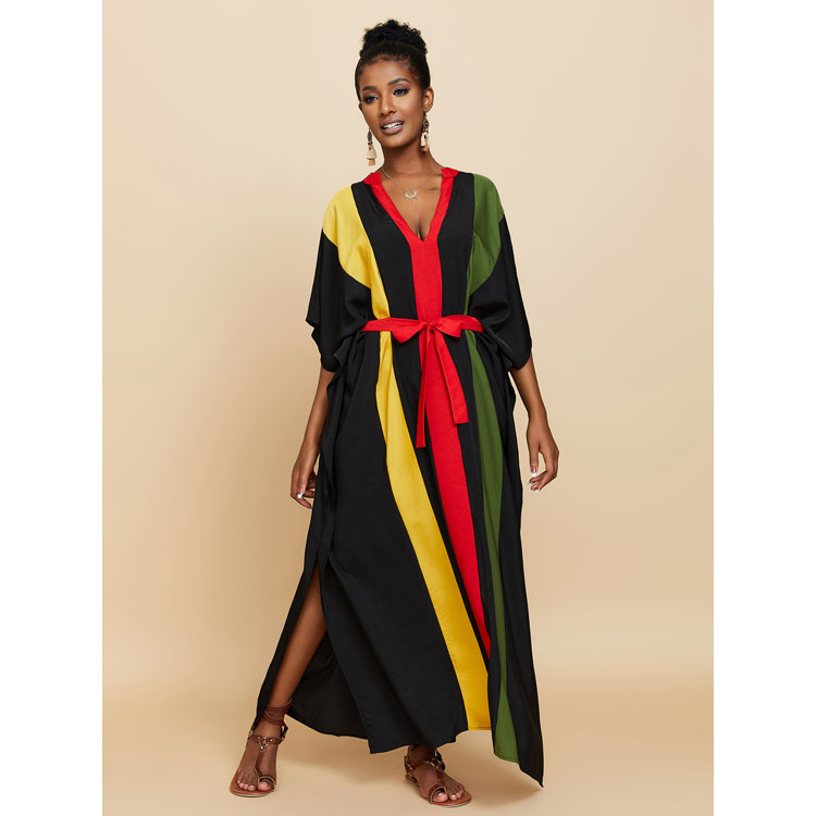 Wholesaler Loose Silky Colour Blocked Holiday Long Dress Women Bikini Sun Shirt Beach Sexy Cover up