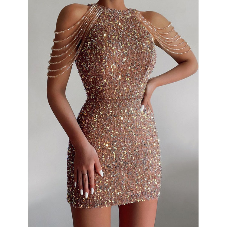 New Fashion Neckline Sexy Crystal Tassel Dress Bag Hip Sequin Dress Mid Waist Evening Dress