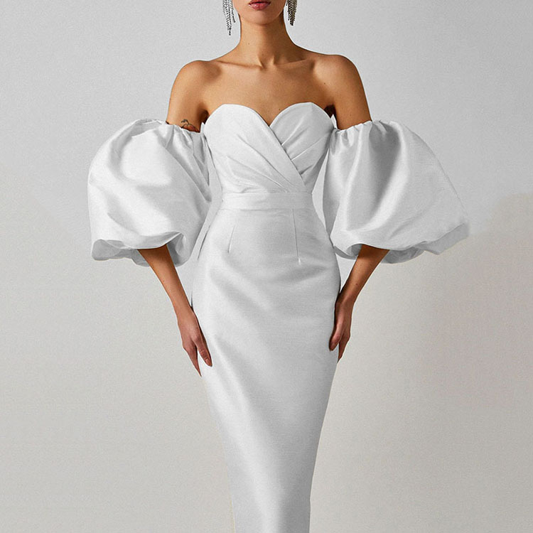 Solid Shoulder Wrap Dress Big Bubble Sleeve Party Dress Women Sexy Fashion Dress