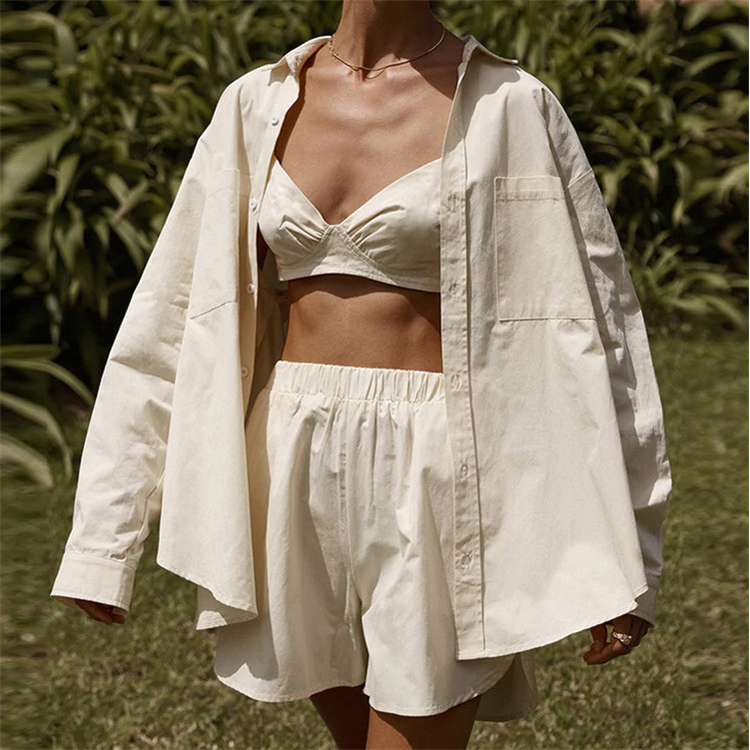 Spring and Summer New Launch Sexy Cool Girl Solid Color Striped Lapel Shirt Shorts Three Pieces Suits Women Set
