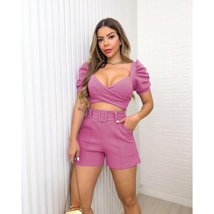 2023 Spring Trendy V Neck Puff Sleeve Short Tops and Shorts With Belt Solid Color 2 Pieces Women Set