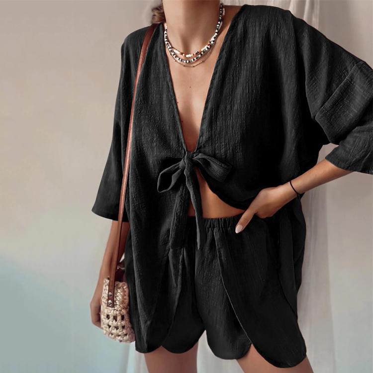 2023 New Sexy Cardigan Robe and Shorts Solid Color Pajamas Lounge Wear Women Set Suits
