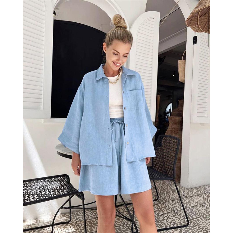2023 Spring and Summer Comfortable Loose Cotton Long Sleeve Top and Shorts Solid Color Fashion Pajamas Lounge Wear Women Set Sui