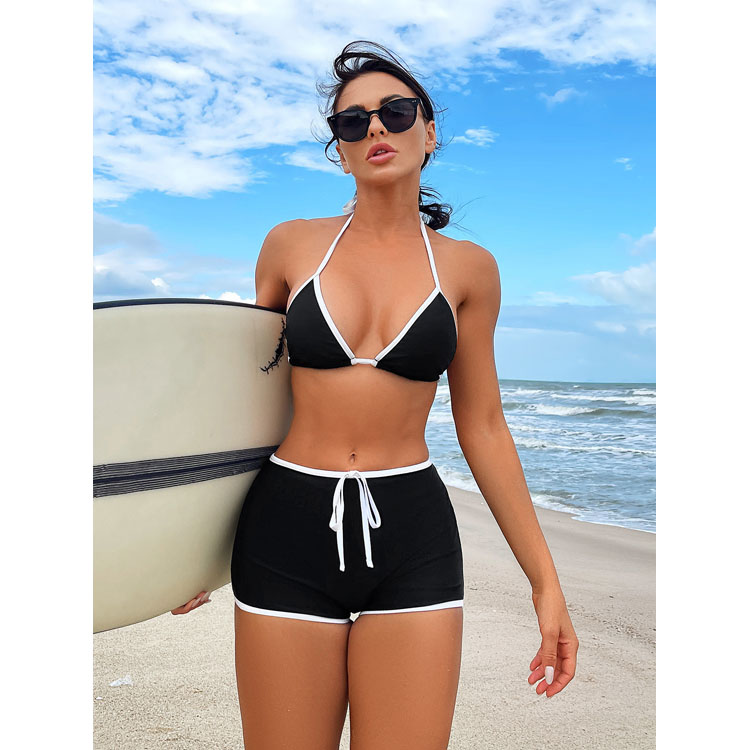 2024 New Black and White Contrast Color Deep V Strap Split Swimsuit Bikini for Women