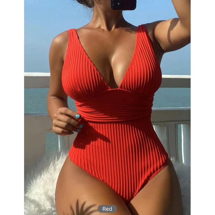 2024 New Solid Color Special Fabric  Pattern V Neck Bikini One Piece Swimsuit for Women