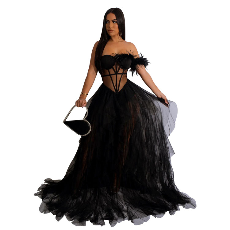 2025 Sexy See Through Pure Color Fluffy Sleeveless Wrap Chest Mesh Feather Long Dress