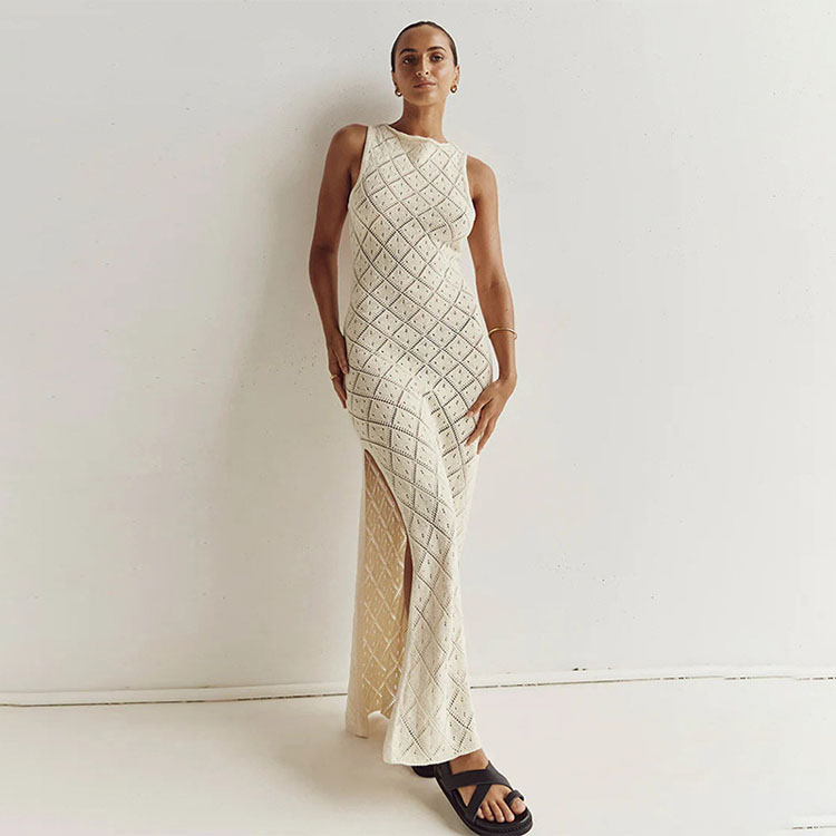 Sexy Crocheted Hollow Knitted Slit Dress Skirt Women Bikini Swimsuit Vacation Beach Cover up