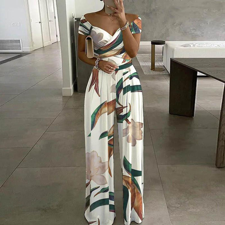 2024 Fashion One Shoulder Printing Office Leisure High Waist Jumpsuit Women Clothing Set