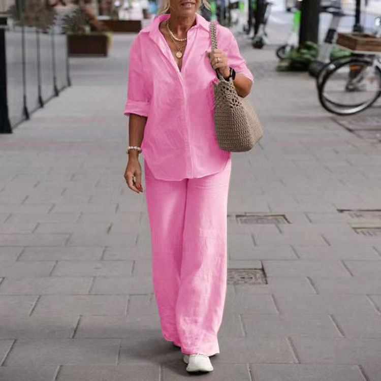 2024 Spring and Autumn Solid Color Casual Women Suit Lapel Long Sleeve Shirt Wide Leg Pants Two Piece Set