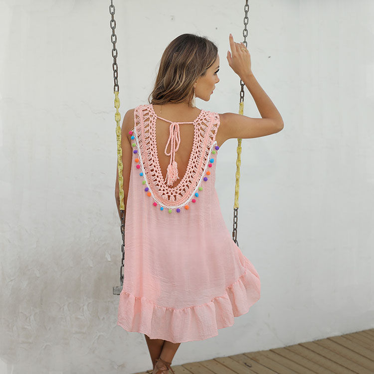 Hot Selling Sleeveless Fur Ball Tassel Cover Skirt Sexy Backless Hollow Beach Skirt Cover Ups