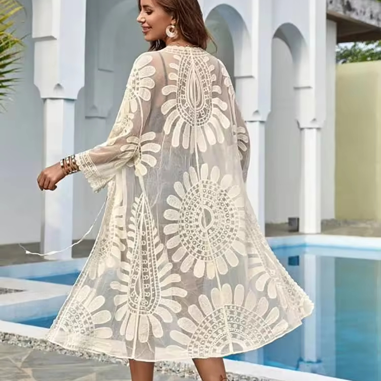 Sunflower Lace Embroidered Bikini Cover Ups Vacation Sun Protection Cardigan
