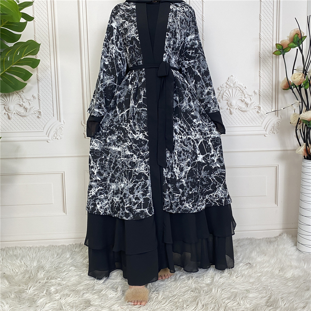 Fashionable Muslim Cardigan Cover Ups Print  Floral Stitching Kaftan