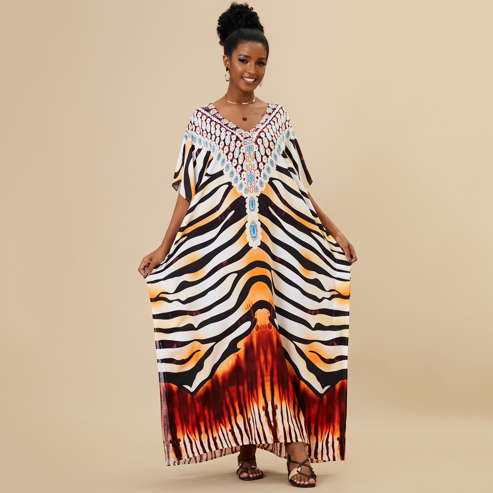 Beach Cover-Up Cotton Leopard Floral Print Vacation Long Dress