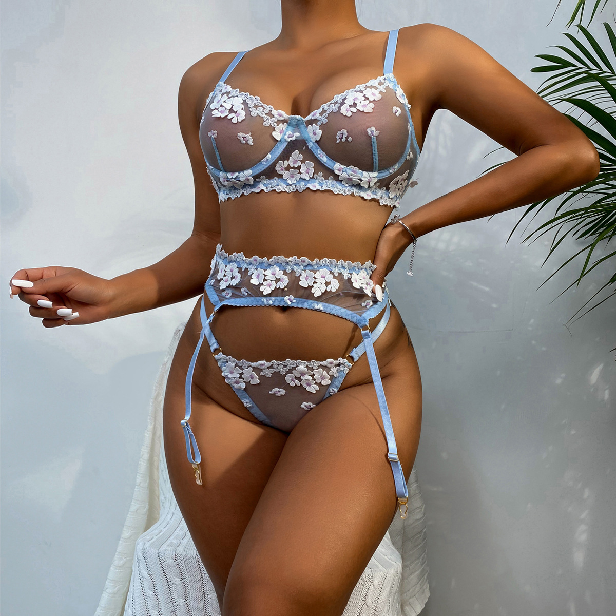 Three Point Sexy Lingerie Embroidery Mini Floral Cute 3 Piece Lingerie Underwear Set