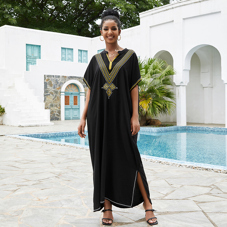 Beach Cover Ups Rayon Cotton Gold Embroidered Black Robe Resort Dress Kaftan