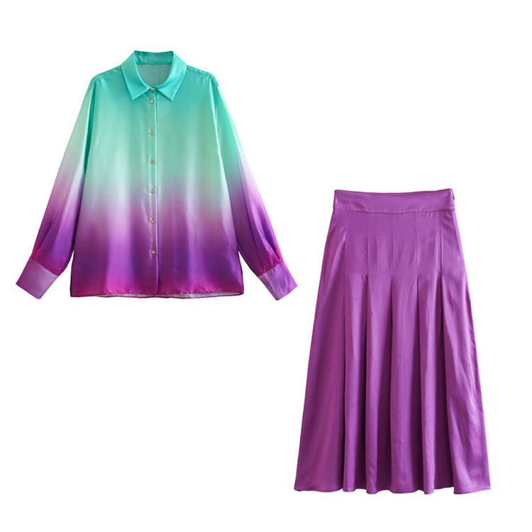 2023 New Summer Long Sleeve Tie Dye Loose Shirt Silk Satin Pleated Skirt Suit Women