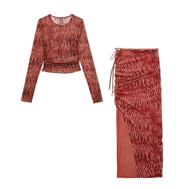 2023 Autumn New Fashion Advanced Printed Tulle Top Skirt Pleated Set