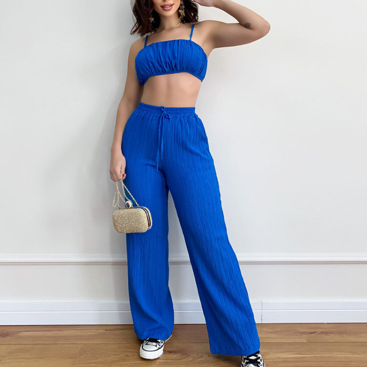 Solid Color Sleeveless Waistless Sexy Suspenders Pleated Fabric Trousers Two Piece Set
