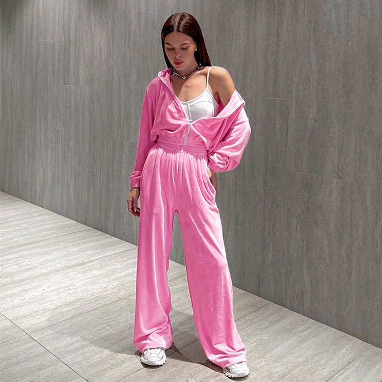 New Fashion Women Sports Short Gold Velvet Sweater Suit Casual Commuting Wide Leg Pants