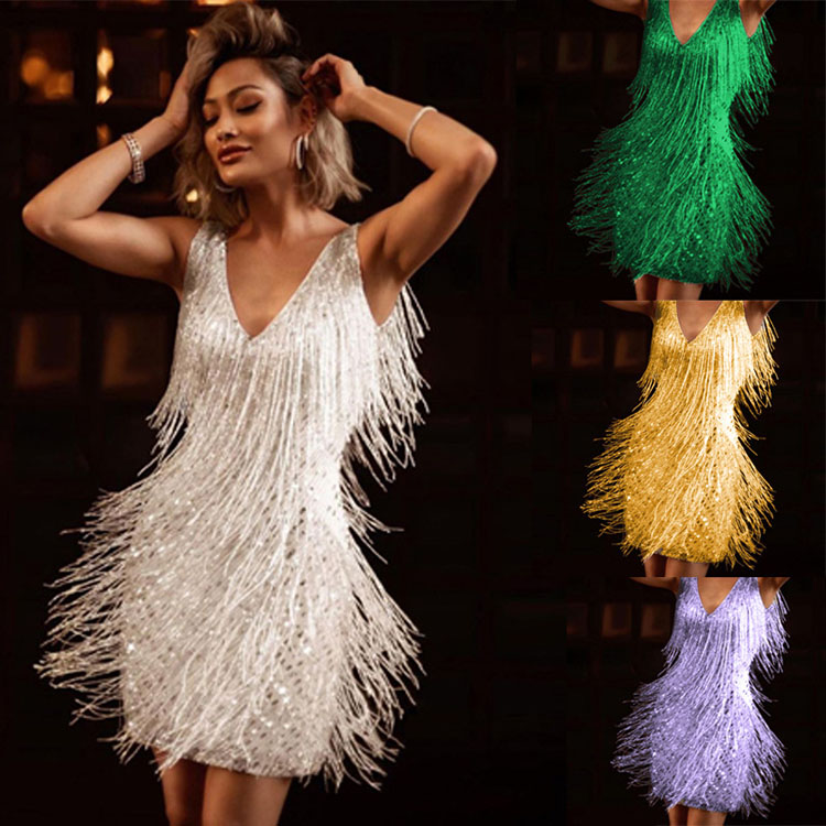 2023 New Women Sexy Deep V Sleeveless Pencil Skirt Tassel Mid Skirt