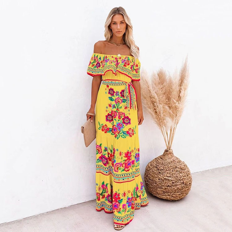 2023 Spring and Summer New One Shoulder Red Flower Printed Long Swing Dress