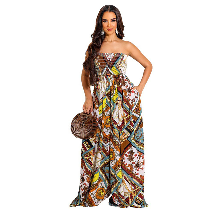 New Color Pattern Casual Wrapped Chest Loose Trousers Women Jumpsuit