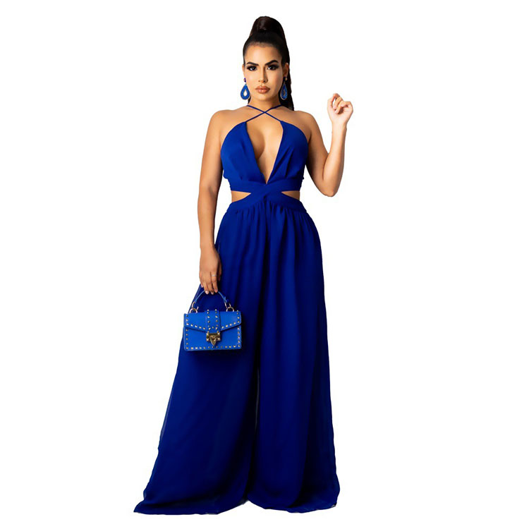 Hawaii Vacation Sexy V Neck Solid Color Casual Loose Chiffon Ladies Jumpsuit