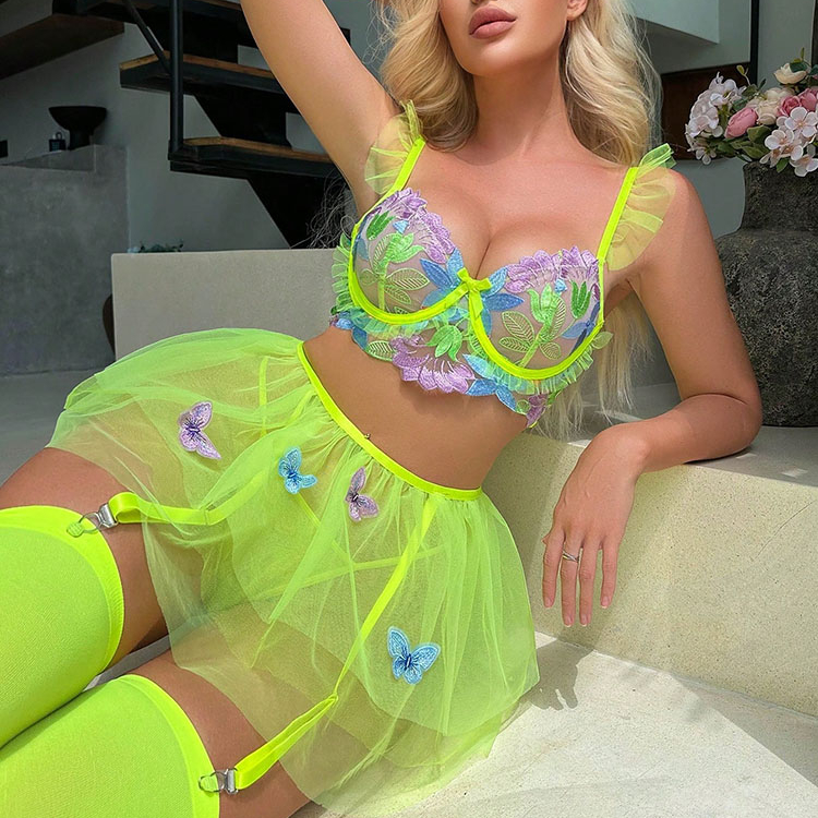 New Butterfly Embroidery Sexy Bra Sexy Lingerie Set Mesh Sexy Apron Underwear