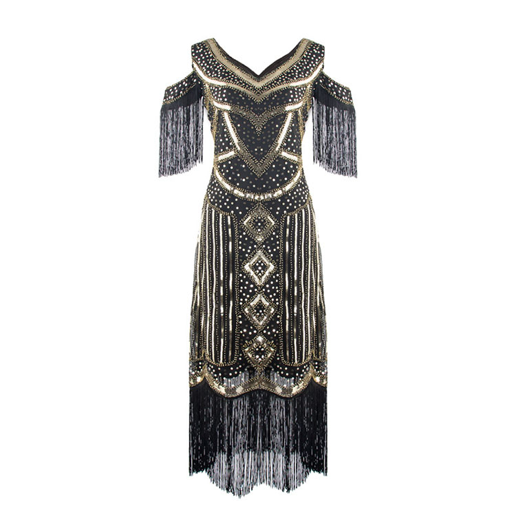 Vintage Evening Party Dress Tassel Long Dress Party Sequin Beaded Party Dress