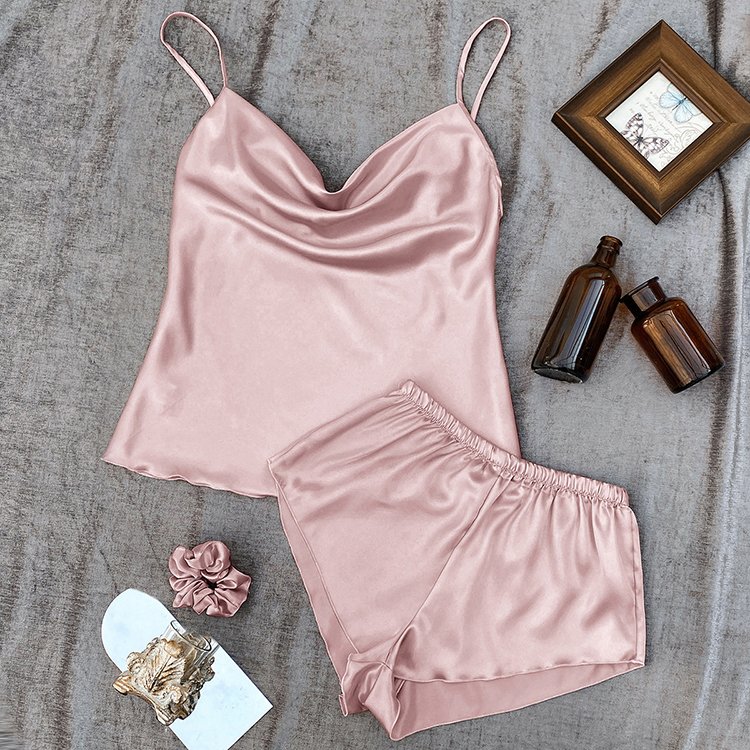 New Solid Color Ice Silk Women Pajamas Summer Sexy Short Home Pajamas Two Piece Set