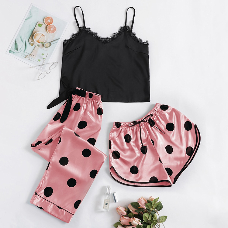 Thin Ice Silk Suspender Pajamas Home Clothes Summer Loose Polka Dot Pajamas Three Piece Set